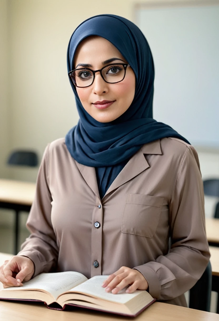 PNS, guru, super realistic 3/4 shot, passionate pose, professional photography portrait of a 40 year old female teacher in a classroom, very realistic skin, cinematic lighting, very original hijab fabric details, glasses, holding a book, scout clothing, transparent button-up shirt with right and left pockets, long slave,