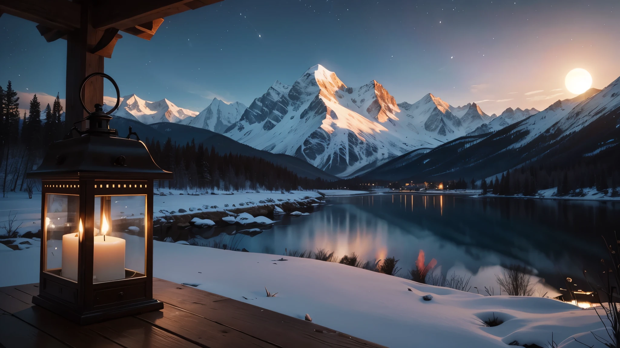 A distant mountain hut in the moonlight、Candle flame