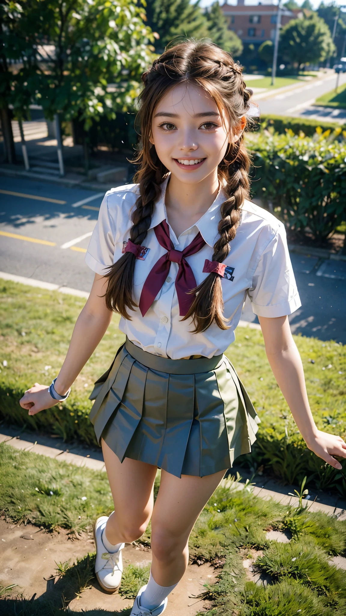 highest quality, masterpiece, Ultra-high resolution,8k, (Realistic:1.6), (Facing portraits) RAW Photos, 1 girl,(I'm showing my teeth and smiling)), 22 years old,((Beautiful feet)),((Miniskirt Uniform)),((Thin colored ribbon braided hair)),((From above:1.4)),Face Focus:1.4,((Background of school grounds)), Image Media Chest)),((Smiling with teeth showing)),