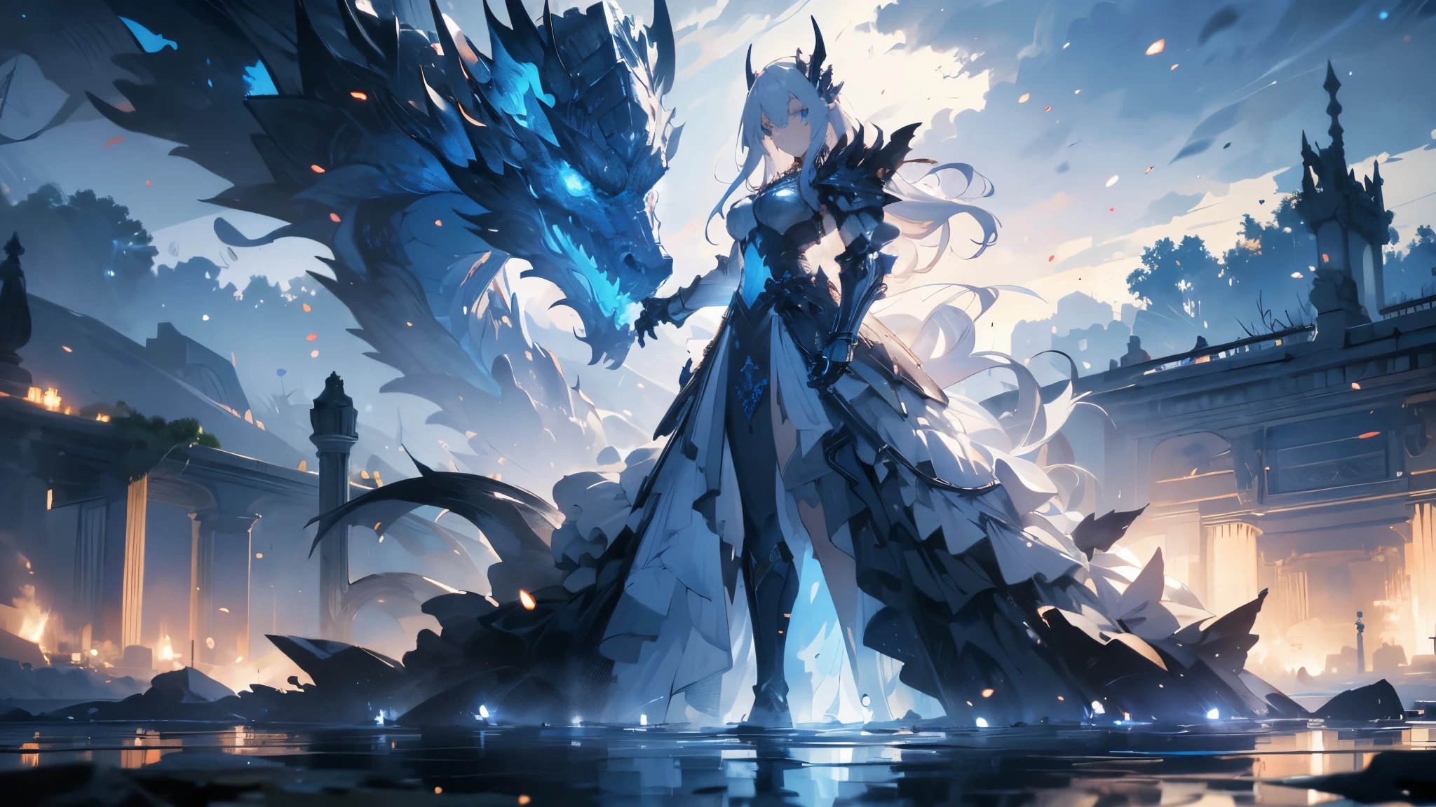 ((a beautiful and cute female bring with a Q type baby dragon)), the dragon with white + blue scales, the female walks on the street, (the female in black cloak), under the black cloak is magician clothes, ((in the middle age with lots of fantasy novel materials)), ray tracing, reflection light, wide shot, masterpiece, high quality, best quality, high details, textured skin, anatomically correct, ccurate, UHD, 1080P, anime style