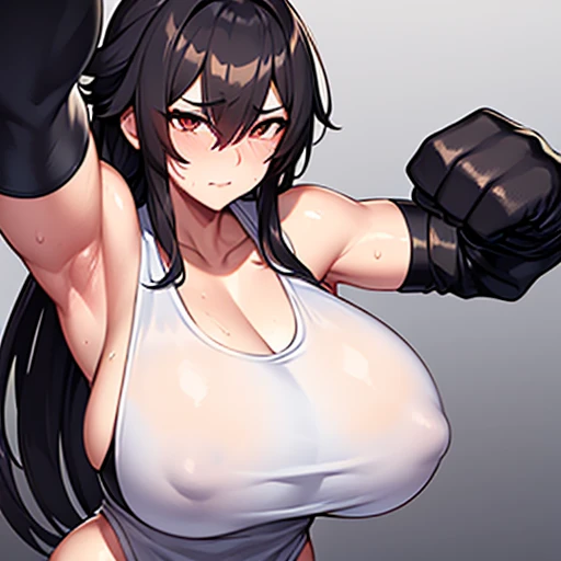 beautiful female fighter, slamming her fist into a punching bag, working hard. very sweaty. white tank top drenched in swear, open finger gloves. Erect brown nipples and visible huge areola. black hair. All white clothes with no black.