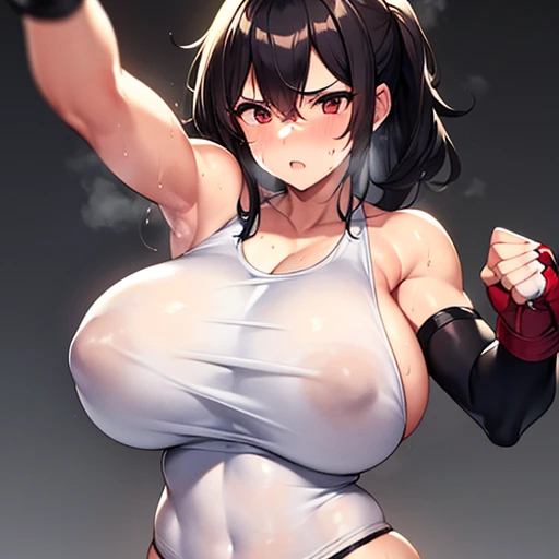 beautiful female fighter, slamming her fist into a punching bag, working hard. very sweaty. white tank top drenched in swear, open finger gloves. Erect brown nipples and visible huge areola. black hair. All white clothes with no black.