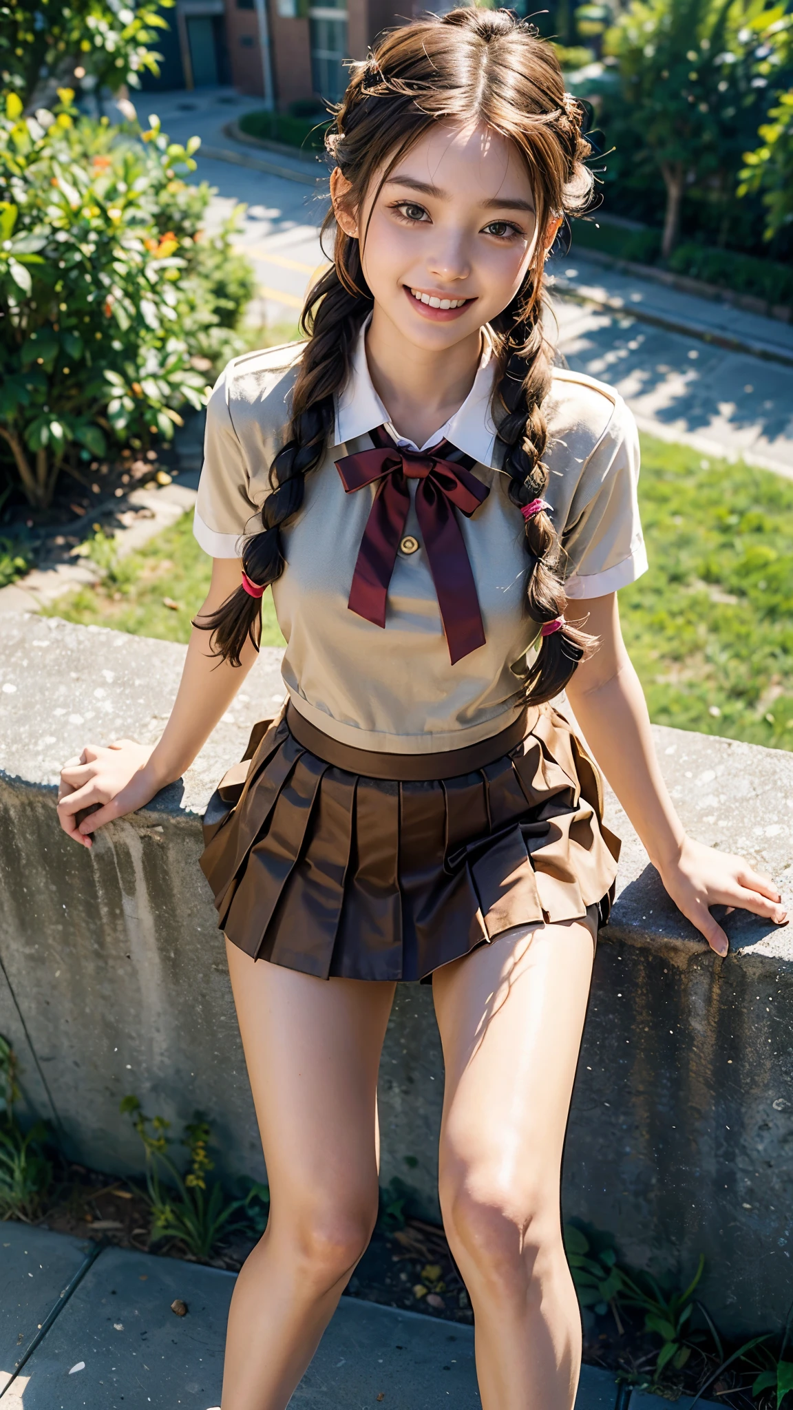 highest quality, masterpiece, Ultra-high resolution,8k, (Realistic:1.6), (Facing portraits) RAW Photos, 1 girl,(I'm showing my teeth and smiling)), 22 years old,((Beautiful feet)),((Miniskirt Uniform)),((Thin colored ribbon braided hair)),((From above:1.4)),Face Focus:1.4,((Background of school grounds)), Image Media Chest)),((Smiling with teeth showing)),