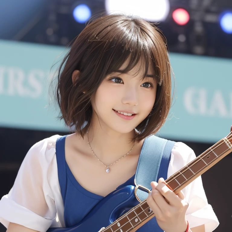 neat hair With bangs, Short fine hair, Bob hairstyle, Short fine hair With bangs, Round-faced Southeast Asian, Cute and delicate face of a girl, With bangs, Korean Girls, Young and pretty Asian face, Korean symmetrical face, Center-parted bangs,((highest quality))、(masterpiece:1.4)、Raw photo、8k、((Best image quality))、 ((High resolution))、Beautiful face in every detail、Realistic human skin、Gentle expression、(One Woman:1.3 )、Realistic、Photorealistic、(short hair:1.4)、(Hair Arrangement)、(Beautiful woman)、(She looks like a cute Japanese girl:1.3)、(mannish)、((Beautiful woman))、(Beautiful Hair)、((Dark brown hair))、(((Red cheeks)))、(Her eyes are big:1.3)、20 year old beauty、(Her face is small:1.5 )、Small Head、((Long neck))、Pale skin、Spotless Skin、With bangs、Everyone longs for、日本のBeautiful woman、((8 heads))、(necklace)、(Music Festival:1.4)、((blue sky))、singer、(Concert T-shirts)、smile、(Larger clothes:1.3)、Happy expression、(Bass guitar:1.3)、(on stage:1.3)、((blue sky))、Stand microphone、Wristband、bracelet、((Young women respect her))、Charismatic Model、She has many fans、rock band、