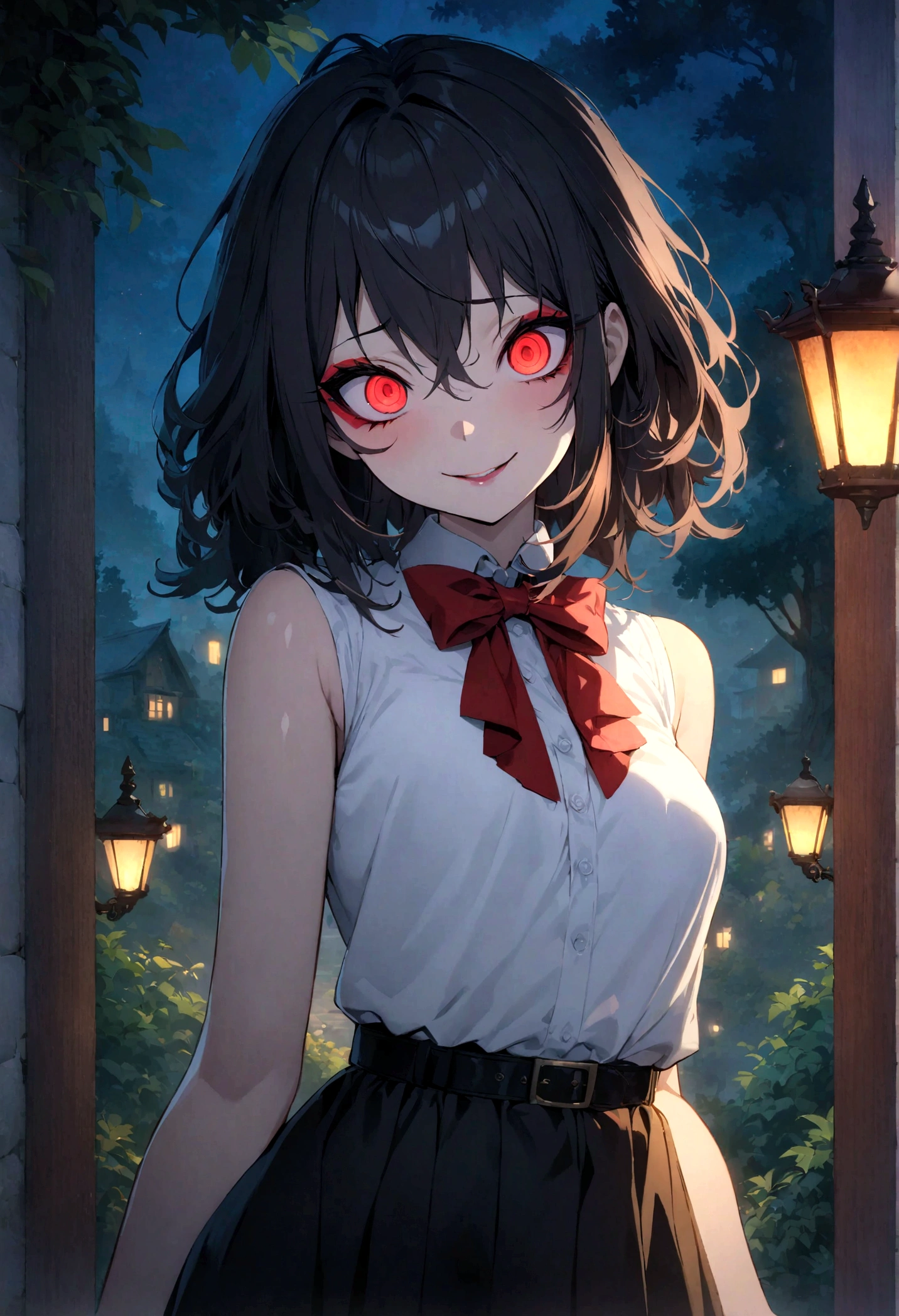 masterpiece, best quality, official art, extremely detailed CG unity 8k wallpaper, highly detailed, absurdres, Picturesque scenery of trees in the background, Peaking behind a tree during the night, exquisite facial features, Glowing red eyes, Yandere crazy eyes, Perfect fingers, perfect face, (sharp eyeliner, eyeshadow, detailed eyes:1.1), [Long Black messy hair], Small breasts, Perfect skin, shiny skin, female, solo, Wide laugh, [White School top, Red bow, Black belt, Black skirt]