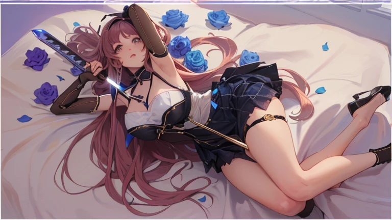 Anime girl lying on the bed,Sword in hand, Attractive anime girl, fine details. Girls' Frontline, Ayaka Genshin Impact, From Arknights, from Girls' Frontline, Azur route style, anime goddess, From the Azur Lane video game, Top rated on Pixiv, Beautiful charming anime woman, Anime girl squatting, Gothic girl anime girl(((Full breasts,)))(((Large Breasts))) (((Cleavage))),