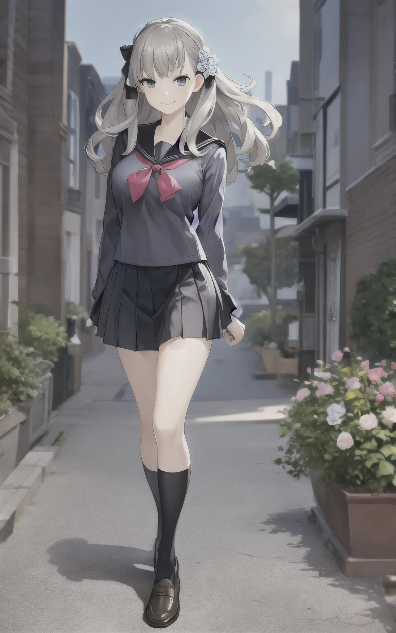 masterpiece, best quality,fuyusaka iori 1, 1girl, solo, hair flower, , hair ornament, flower, skirt, long hair, socks, serafuku, shoes, kneehighs, full body, loafers, pleated skirt, black socks, black skirt, grey hair, white flower, standing, grey eyes, outline, arm behind back, long sleeves, looking at viewer, highly detailed city background, middle breast, smile, shameful face, turn red face
