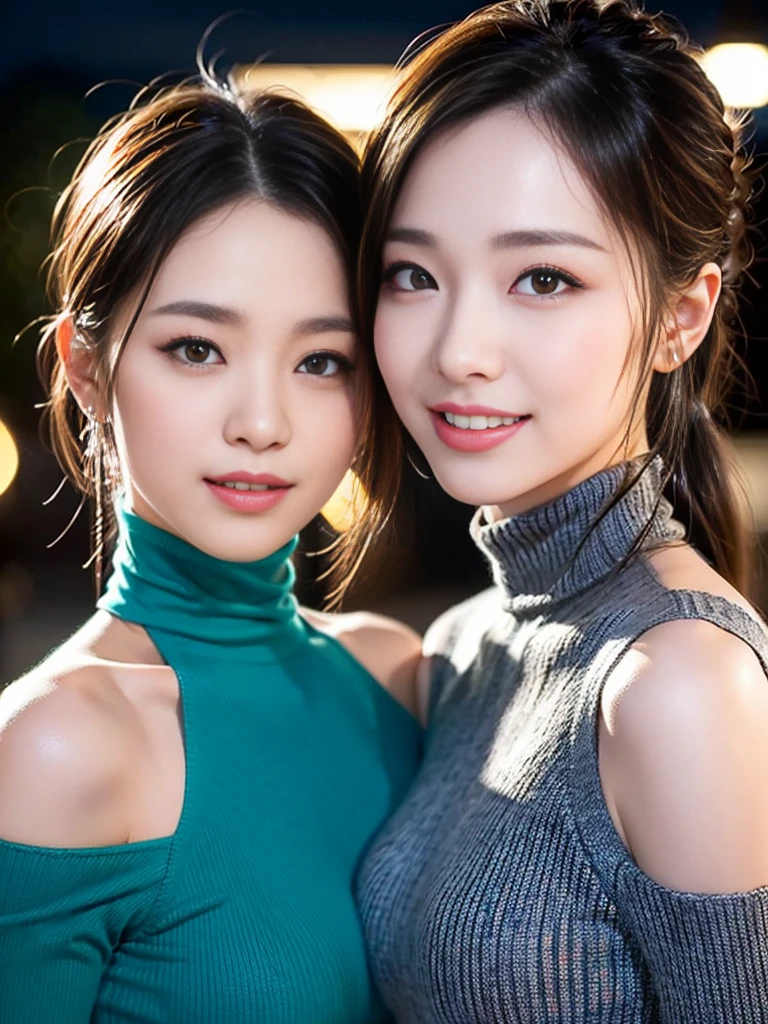 a pair of gorgeous identical twin sisters, age 18, in a light-color and a dark-color contemporary asymmetric off-the-shoulder knit dress, high neckline, turtleneck, posing naturally under night sky, dimpled smile, short ponytail, cute Snaggleteeth, well-endowed round bosom, photorealistic, beautiful detailed eyes, hyper-realism, high contrast, ultra HD, realistic skin textures, top image quality, top-quality, super high resolution, fine details, very meticulously, bokeh background, close-up shot head to waist