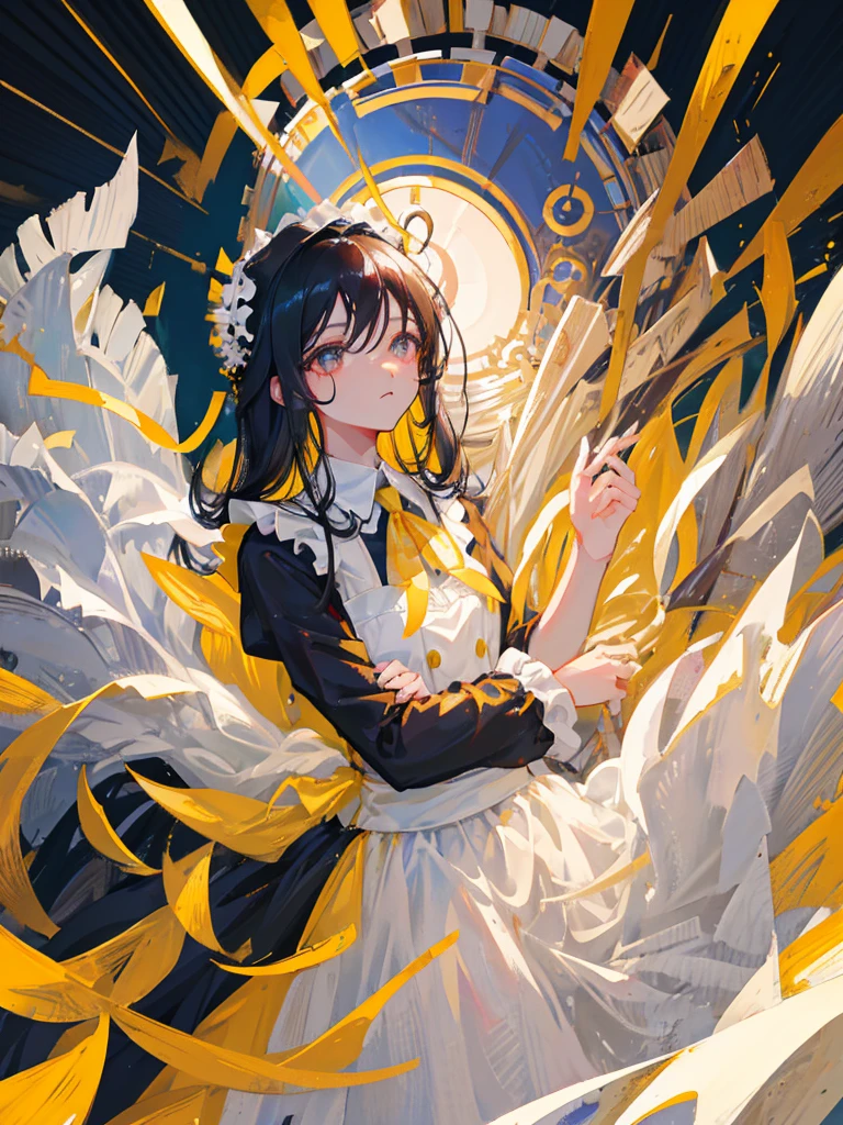 best quality, wallpaper, 1girl, black hair, very long hair, gray eyes, finely detailed beautiful eyes, sharp face, finely detailed beautiful face, maid outfit, small string yellow glow background.
