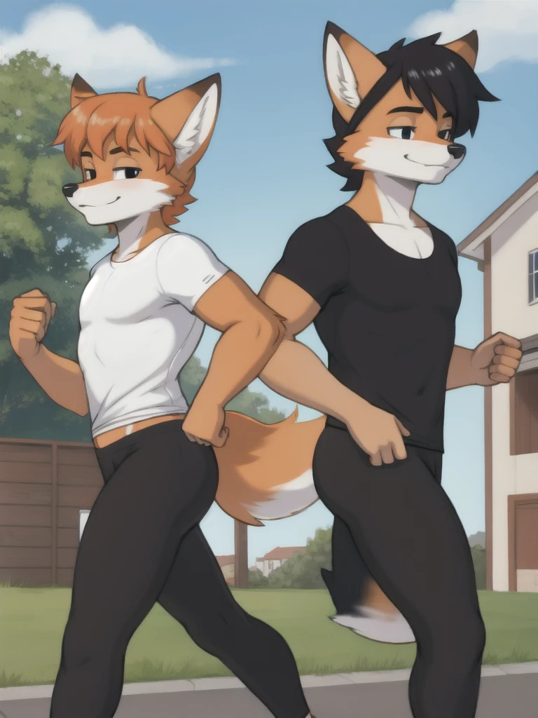Furry, fox, male, twins, black leggings, white shirt, jogging outside the house,
