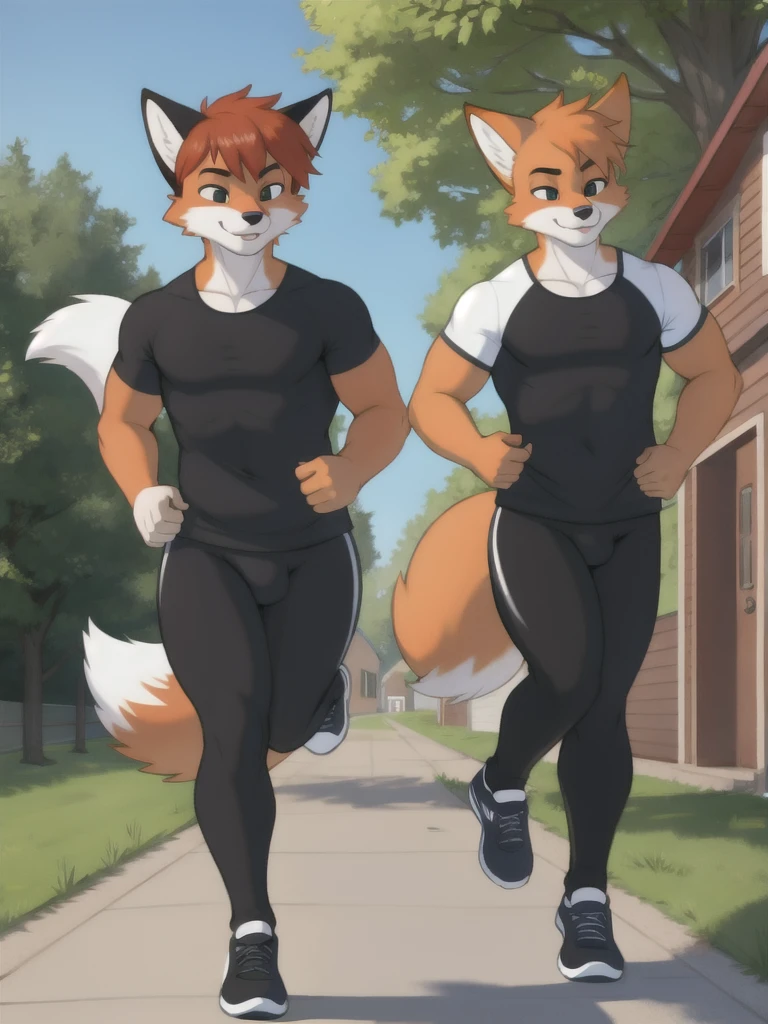 Furry, fox, male, twins, black leggings, white shirt, jogging outside the house,