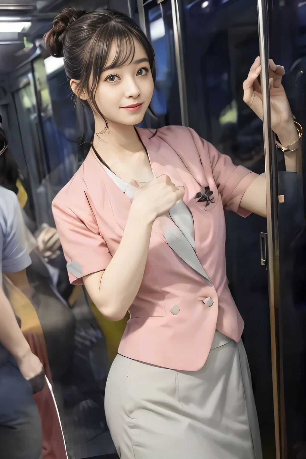 (masterpiece:1.2, highest quality:1.2), 32K HDR, High resolution, (alone、1 girl)、（On the rooftop of a building in the daytime、Professional Lighting）、Building rooftop background、（Nankai train crew uniform pinkを着たリアルスタイル）、（Nankai train crew uniform pink short sleeve collarless pink jacket、Nankai Train Crew Uniform Pink Collarless Short Sleeve Blouse、Nankai Train Crew Uniform Pink Grey Knee-length Culottes）、（（The bottom of the pink short-sleeved jacket cannot be tucked into the clay-colored culottes.））、Dark brown hair、（Hair tied up、Hair Bun、Hair Bun）、Dark brown hair、Long Shot、Big Breasts、Thin legs、（（Great hands：2.0）），（（Harmonious body proportions：1.5）），（（Normal limbs：2.0）），（（Normal finger：2.0）），（（Delicate eyes：2.0）），（（Normal eyes：2.0））)、smile、（Nankai Train Crew Uniform Pink Grey Knee-length Culottesを見せた美しい立ち姿）、