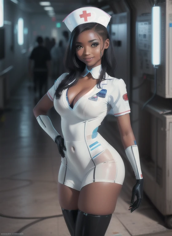 ((black skin:1.3)), (((twilek))), facial markings, standing, dynamic pose, medium breasts, detailed face and eyes, upper body, detailed background, highly detailed, best quality, high resolution, 4k, cinematic lighting, seductive smile, (scifi nurse:1.2), hospital surroundings, gloves, (modest white nurse outfit:1.3), thighhighs, red-cross hat TronFashion