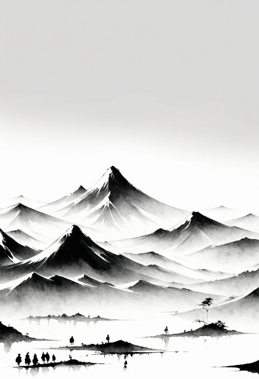 (Lots of white space:1.5)，(Lots of white space:1.6), White background, simple, Minimalism, abstract,Freehand，Aesthetic，black and white，Ink Painting，antiquity，Mountain，People in the distance