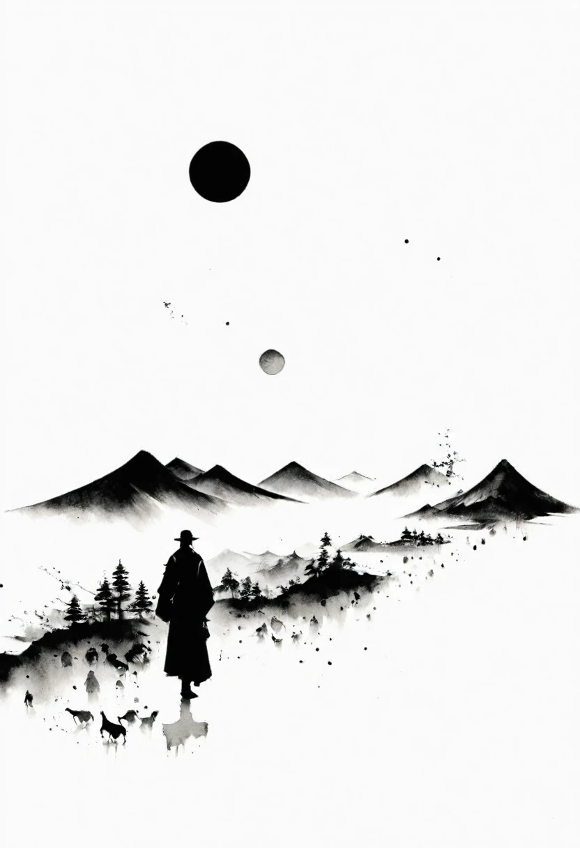 (Lots of white space:1.5),(Lots of white space:1.6), White background, simple, Minimalism, abstract,Freehand,Aesthetic,black and white,Ink Painting,antiquity,Mountain,People in the distance