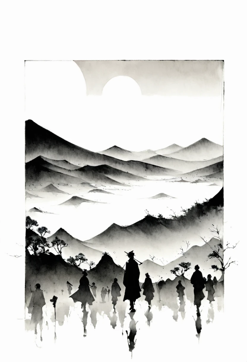 (Lots of white space:1.5)，(Lots of white space:1.6), White background, simple, Minimalism, abstract,Freehand，Aesthetic，black and white，Ink Painting，antiquity，Mountain，People in the distance