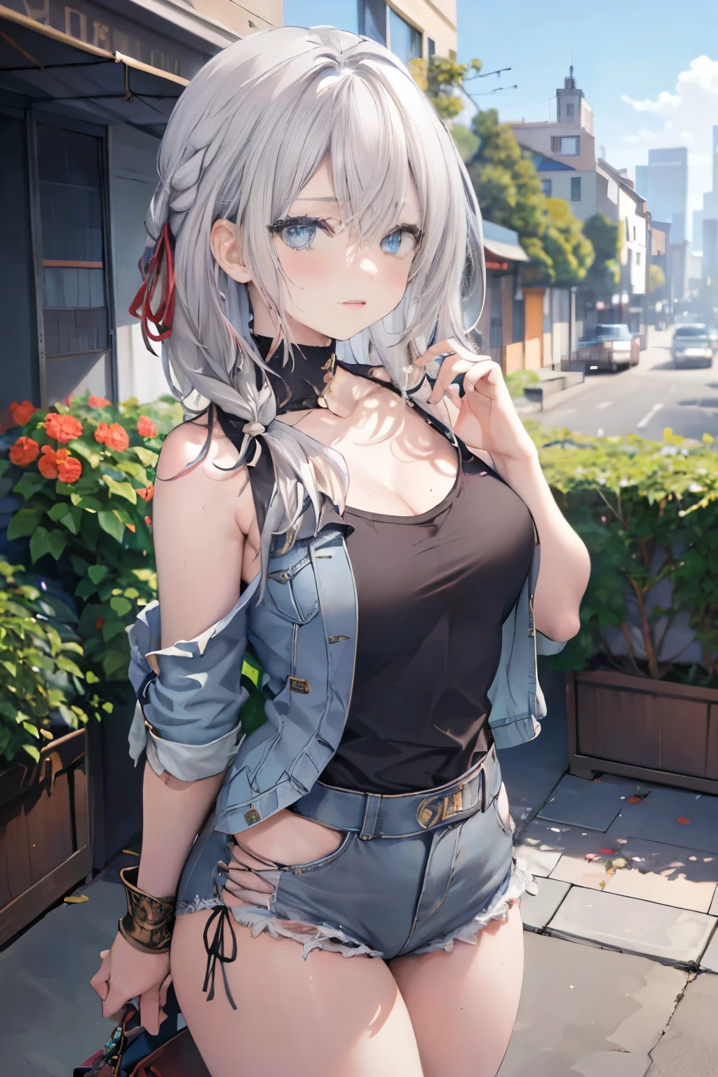 ShenheV4, (Shenhe in loose tshirt), denim jacket, denim shorts, (solo:1.1), (mature woman:1.2), beautiful face, (detailed eyes), symmetric eyes, (thin lips), (long hair, grey hair, braid, hair over one eye, hair ornament), (beautiful round breasts), voluptuous body, slim waist, (masterpiece, best qualty), soft ambient lighting, standing, front view, vivid colors, sunny day, blue sky, looking at the viewer, slim waist, HD, 8K, vivid colors, intricate, (absurdres:1.2), bokeh, ((detailed face)), facial details, (pov thighs)