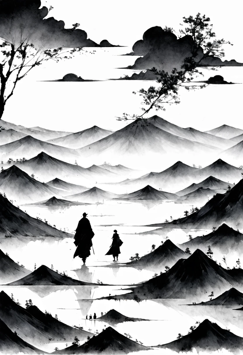 (Lots of white space:1.5)，(Lots of white space:1.6), White background, simple, Minimalism, abstract,Freehand，Aesthetic，black and white，Ink Painting，antiquity，Mountain，People in the distance