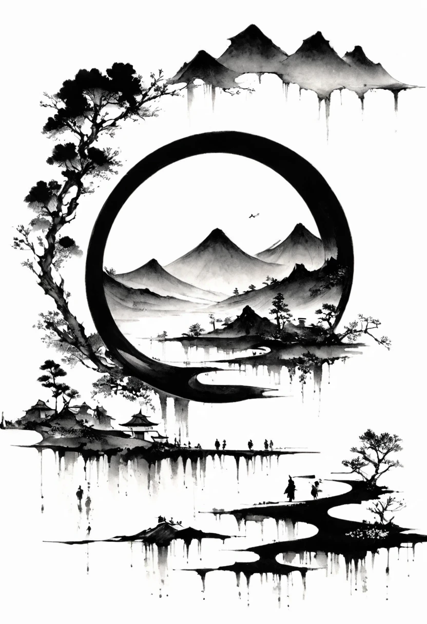 (Lots of white space:1.5)，(Lots of white space:1.6), White background, simple, Minimalism, abstract,Freehand，Aesthetic，black and white，Ink Painting，antiquity，Mountain，People in the distance