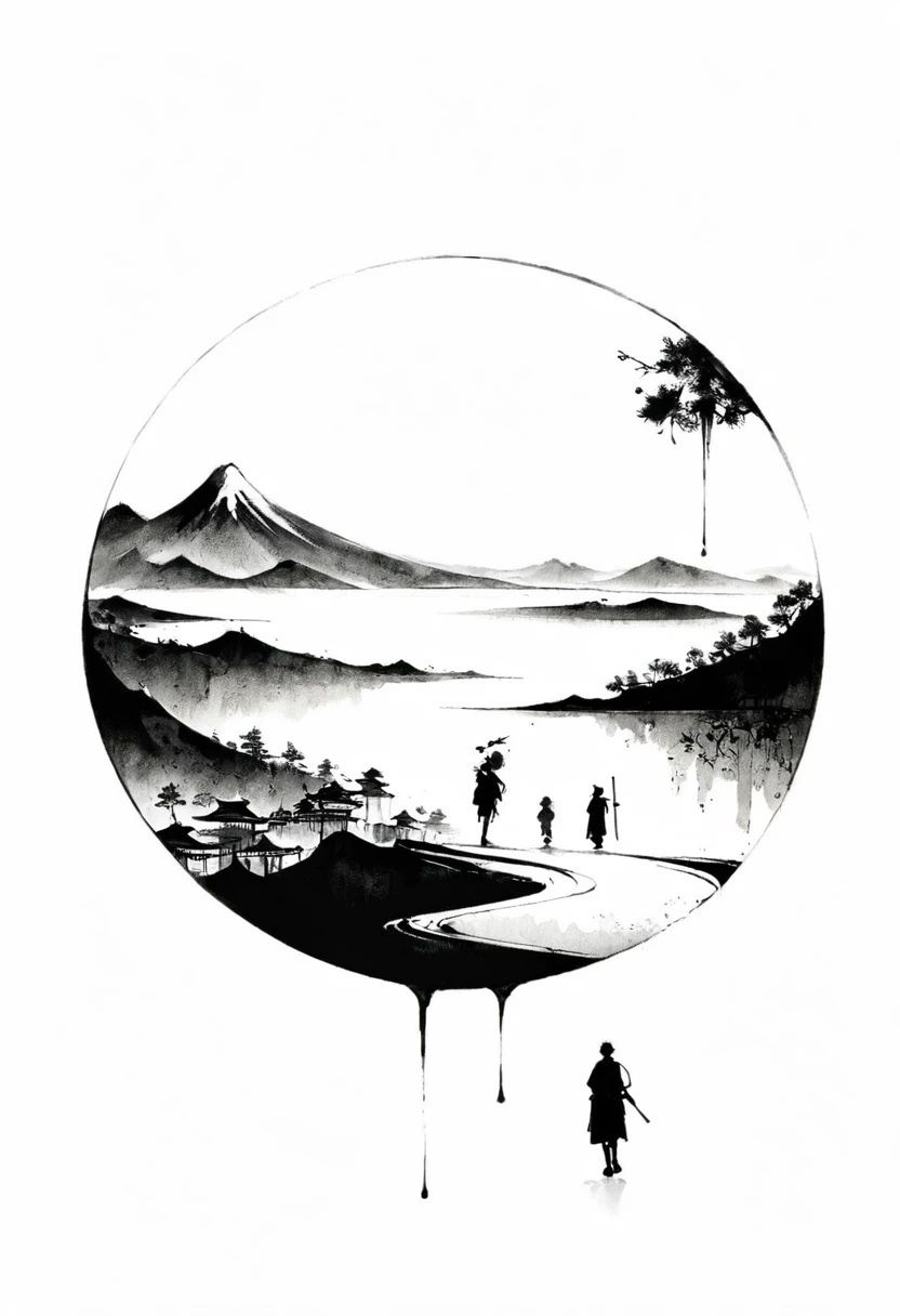 (Lots of white space:1.5)，(Lots of white space:1.6), White background, simple, Minimalism, abstract,Freehand，Aesthetic，black and white，Ink Painting，antiquity，Mountain，People in the distance