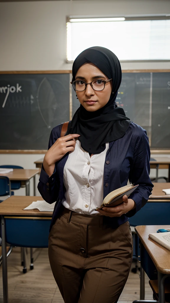 PNS, guru, super realistic 3/4 shot, passionate pose, professional photography portrait of a 40 year old female teacher in a classroom, very realistic skin, cinematic lighting, very original hijab fabric details, glasses, holding a book, scout clothing, transparent button-up shirt with right and left pockets, long slave