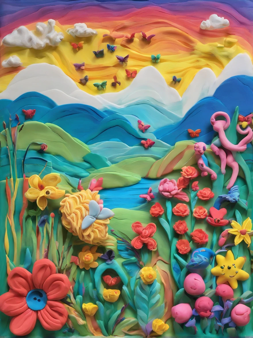 Grasslands, flowers, butterflies, flowing streams, shrubs, distant mountains, blue skies, rainbows.