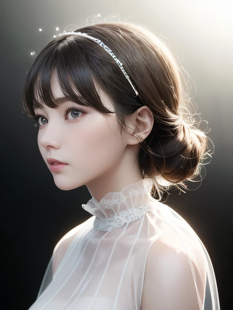 highest quality,masterpiece,Ultra high definition,Perfect artwork,Official Works,8K Raw Photo:1.5,, (Upper body portrait:1.3),((View from the side:1.5)),Close-up lens,Delicate face,, 23 years old,Light brown hair girl,(Brown Hair:1.5),Short and medium hair,((White, clear eyes:1.5)),(Sparkling Eyes),(Gazing into the distance),(White Dress:1.2),(Transparent clothing:1.2),(Black background:1.3),, The illusion of pearls,Fashion Trends,3s material,High resolution,Detailed performance,c4d,3D,Physically Based Octane Rendering,Ray Tracing,Intricate details,Cinema Lighting,