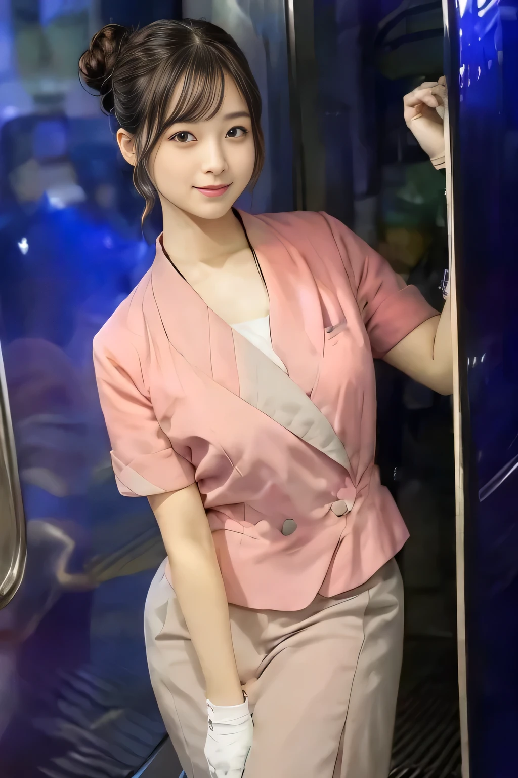 (masterpiece:1.2, highest quality:1.2), 32K HDR, High resolution, (alone、1 girl)、(On the rooftop of a building in the daytime、Professional Lighting)、Building rooftop background、(Nankai train crew uniform pinkを着たリアルスタイル)、(Nankai train crew uniform pink short sleeve collarless pink jacket、Nankai Train Crew Uniform Pink Collarless Short Sleeve Blouse、Nankai Train Crew Uniform Pink Grey Knee-length Culottes)、((The bottom of the pink short-sleeved jacket cannot be tucked into the clay-colored culottes.))、Dark brown hair、(Hair tied up、Hair Bun、Hair Bun)、Dark brown hair、Long Shot、Big Breasts、Thin legs、((Great hands:2.0)),((Harmonious body proportions:1.5)),((Normal limbs:2.0)),((Normal finger:2.0)),((Delicate eyes:2.0)),((Normal eyes:2.0)))、smile、(Nankai Train Crew Uniform Pink Grey Knee-length Culottesを見せた美しい立ち姿)、