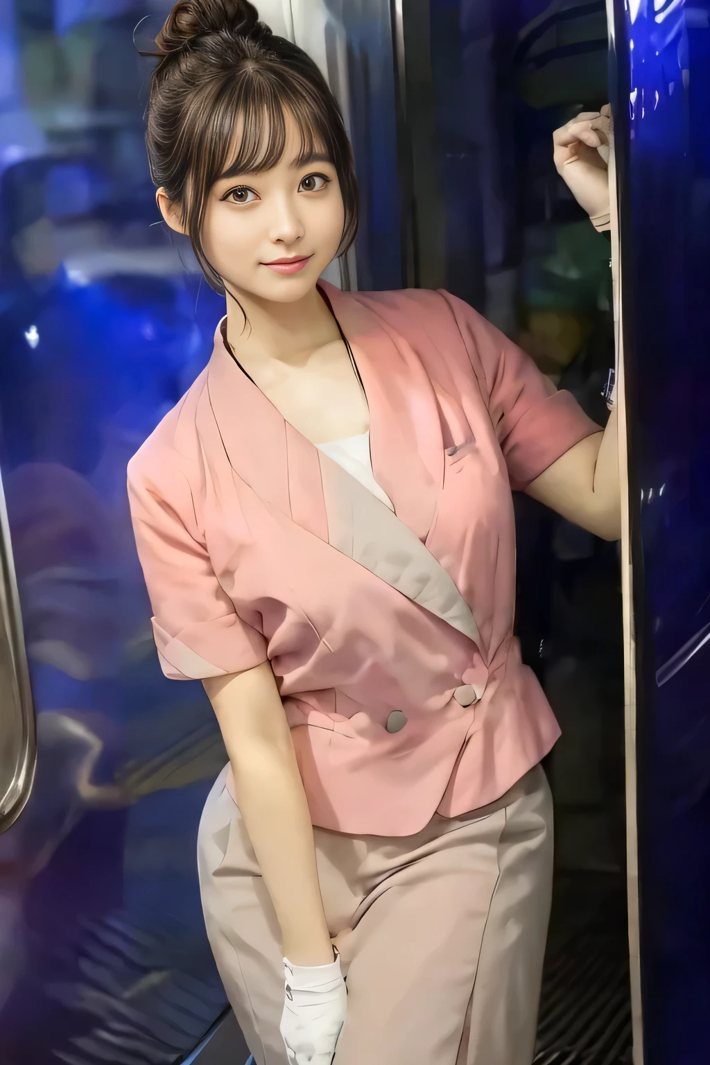 (masterpiece:1.2, highest quality:1.2), 32K HDR, High resolution, (alone、1 girl)、(On the rooftop of a building in the daytime、Professional Lighting)、Building rooftop background、(Nankai train crew uniform pinkを着たリアルスタイル)、(Nankai train crew uniform pink short sleeve collarless pink jacket、Nankai Train Crew Uniform Pink Collarless Short Sleeve Blouse、Nankai Train Crew Uniform Pink Grey Knee-length Culottes)、((The bottom of the pink short-sleeved jacket cannot be tucked into the clay-colored culottes.))、Dark brown hair、(Hair tied up、Hair Bun、Hair Bun)、Dark brown hair、Long Shot、Big Breasts、Thin legs、((Great hands:2.0)),((Harmonious body proportions:1.5)),((Normal limbs:2.0)),((Normal finger:2.0)),((Delicate eyes:2.0)),((Normal eyes:2.0)))、smile、(Nankai Train Crew Uniform Pink Grey Knee-length Culottesを見せた美しい立ち姿)、