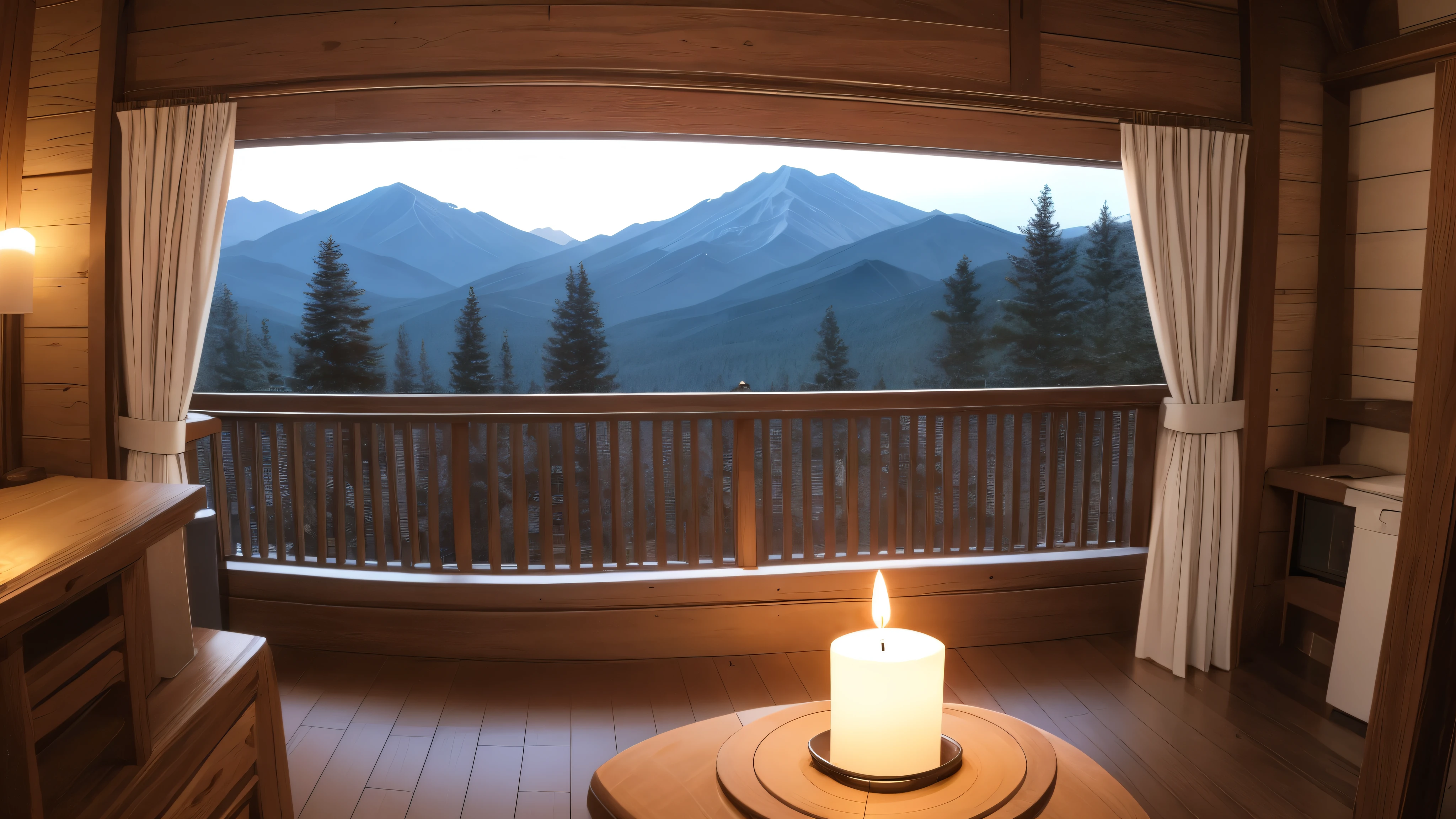 Moonlit mountain cabin room、Candle flame