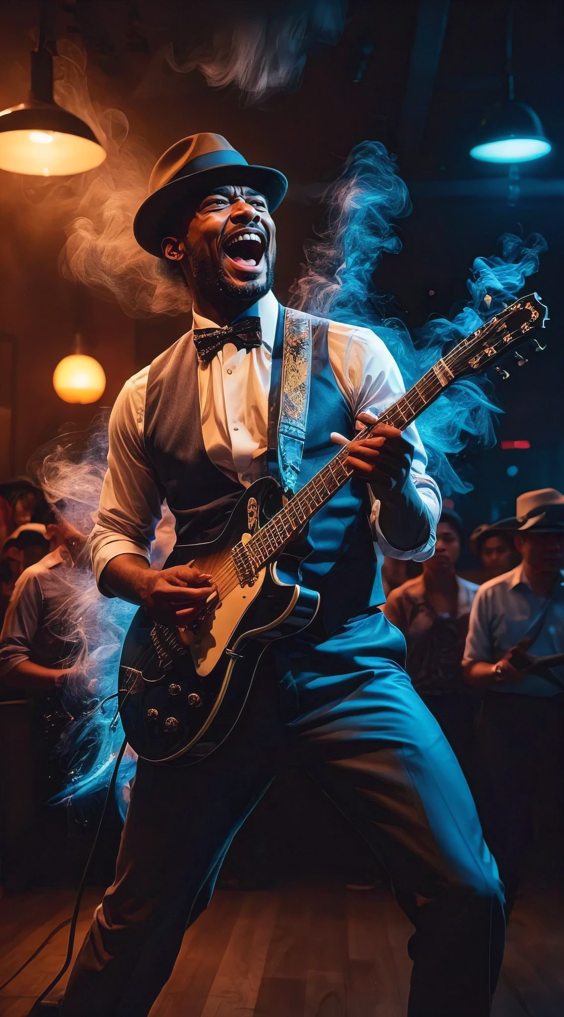 A photorealistic, vintage-inspired masterpiece capturing a soulful blues guitarist in the throes of a passionate performance. The guitarist, dressed in 1960s attire with a bowtie and a fedora, plays an electric guitar that emits a dynamic blue light. The background is a dimly lit, smoky blues club from the era, with a crowd of onlookers captivated by the performance. The overall atmosphere is electric, filled with raw emotion and the essence of a bygone era.