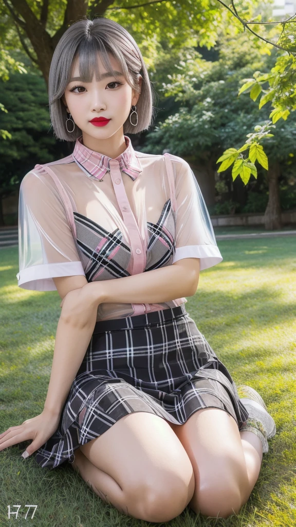 (8k, Photorealistic, Raw photo, Highest quality: 1.4),Japanese idol-style beautiful girl,1 person,18-year-old,Hairstyle(Very Short Bob,Black),She has her hair tucked behind her ears,She wears small earrings in her ears,(pupil(big,Transparent grey :1.5)),Long eyelashes,Plump Cheeks,(lips(lipstick(Pink :1.3)Painting,lipstickの上からグロスを塗り艶やかでふっくらとしている)),Smiling,Blackのチョーカーを着けている,Thin and delicate shoulders,(Manicure(Black :1.5)on the nails of both hands),Thin waist,(barefoot),(Manicure(Black)on the nails of both feet.),(Dress shirt(Short sleeve,Plain :1.7,White :1.7)Wearing it on bare skin),Undo the on to see cleaeated skirt(Plaid,Black :1.7)Wear),(On the grass under the tree in the park),(Sit in a hu sit :1.7),(Place your hands on your crotch),She is surrounded by the gentle sunlight filtering through the trees.,Angle from the front,whole body ports