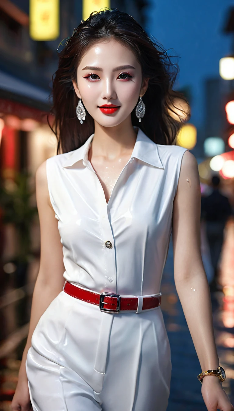1 girl, Korean model, extremely beautiful, perfect body. Photo taken with Canon EOS EF 200mm f/11 Camera adjusted to sharp landscape and full body shooting mode. 8K photo quality, lifelike, masterpiece, sharpest and highest contrast, large depth of field, stereoscopic lighting. Her hair is pink, long and smooth, the wind blows it beautifully under the bright sunlight. Beautiful face, perfect and sexy, holy, perfectly proportioned, beautiful in every detail, ((shiny)), high-end cosmetic makeup. Bright smile, pure white teeth and details. Attractive glossy red lips, brilliant glossy red lipstick. Brown eyes, glossy, seductive, ((sharp makeup)), realistic, ((wet eyes)), detailed. Pink eyeshadow, long eyelashes, blush, high-end cosmetics. Two delicate eyelids, perfectly beautiful and detailed, black eyelashes. Eyebrows are curved, sparse, sharp and detailed. High and detailed nose. Cheeks are prominent and detailed. ((Bright white skin)), detailed pores, shiny skin, smooth skin. Long, shiny legs. Hands are beautiful, perfect, ((no flaws)), no defects. Complex lighting, yellow-black rays, ((lighting directly on the face)), sparkling sunlight, ((lighting on the front of the girl's body)). Gold and silver earrings, diamond necklace, emerald belt, Rolex watch, pilot uniform. ((Photo of girl walking on a wet street, sunny day after rain)).