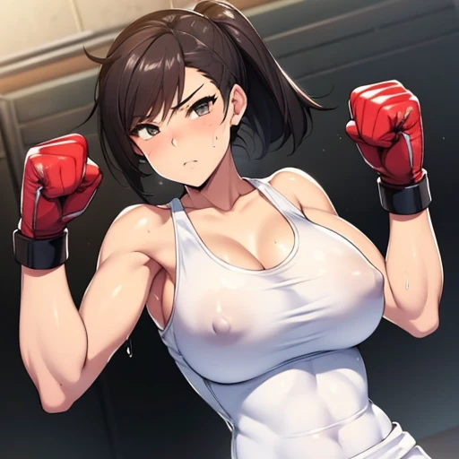 beautiful female fighter, slamming her fist into a punching bag, working hard. very sweaty. white tank top drenched in swear, open finger gloves. Erect brown nipples and visible huge areola. black hair. All white clothes with no black.