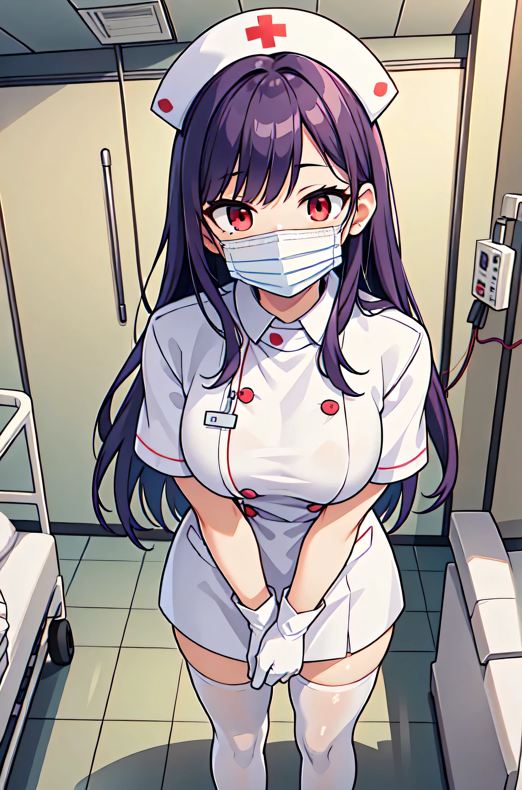 1woman, solo, nurse, white nurse cap, white nurse uniform, ((white legwear, zettai ryouiki)), white gloves, long hair, purple hair, red eyes, ((white surgical mask, covered nose)), standing, ((hospital room)), sharp outline, short sleeves, mature female, 35 years old, best quality, masterpiece