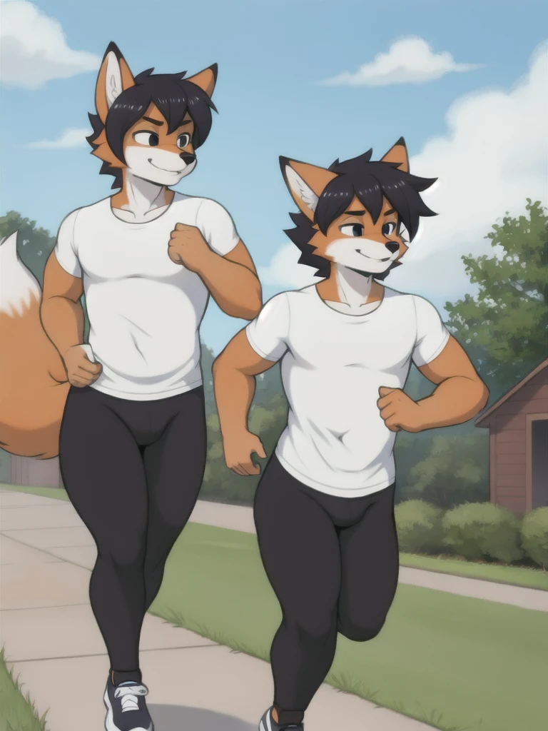 Furry, fox, male, twins, black leggings, white shirt, jogging outside the house, teen