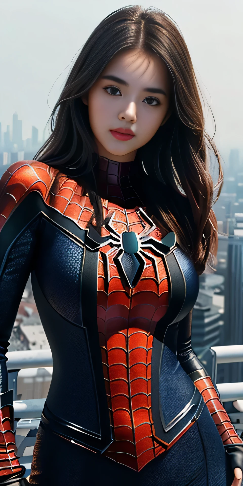 vonzy, (1girl:1.3), solo, ((very detailed face)))), ((very detailed eyes and face))), beautiful detail eyes, body parts__, official art, unified 8k wallpaper, super detailed, beautiful and beautiful, beautiful, masterpiece, best quality, original, masterpiece, super fine photo, best quality, super high resolution, realistic realism, sunlight, full body portrait, amazing beauty, dynamic pose, delicate face, big breast, vibrant eyes, (from the front), she is wearing a Spider-Man suit, red and black color scheme, spider, very detailed city roof background, rooftop, overlooking the city, detailed face, detailed complex busy background, messy, gorgeous, milky white, highly detailed skin, realistic skin details, visible pores, clear focus, volumetric fog, 8k uhd, DSLR, high quality, film grain, fair skin, photo realism, lomography, futuristic dystopian giant metropolis, translucent