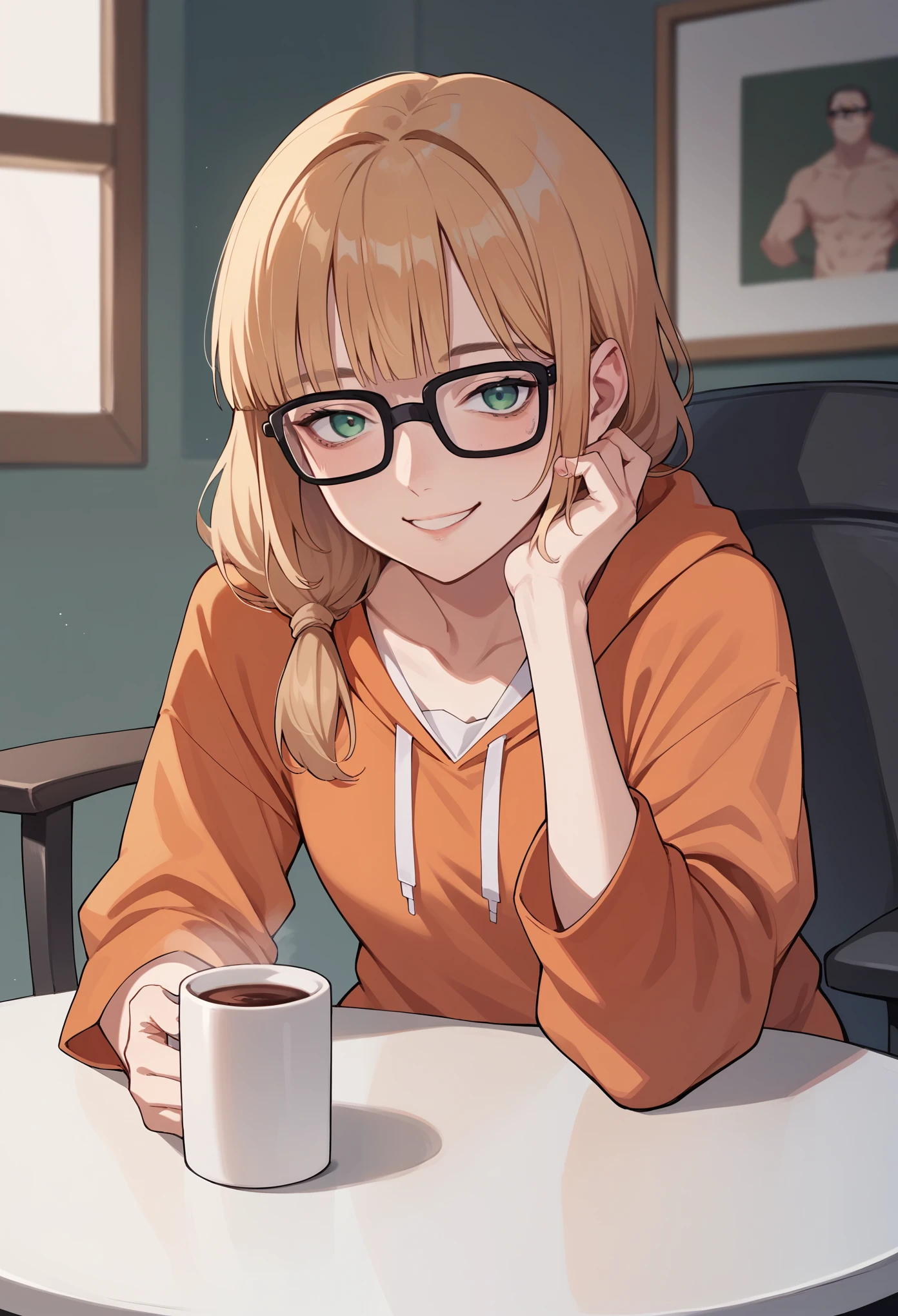 score_9, score_8_up, score_7_up, score_6_up, source_anime, BREAK 1girl pastOleana, blunt bangs, tied hair, hair over shoulder, glasses, orange hoodie, oversized clothes, black pants, table, chair, coffee mug, smile, looking at you, happy