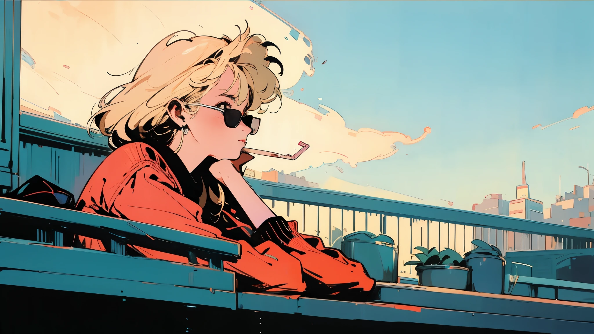 Swedish cityscape、Terrace seating in the city at night、Blonde woman、Break、Wearing sunglasses、Smoking a cigarette、Gazing into the distance、Side angle