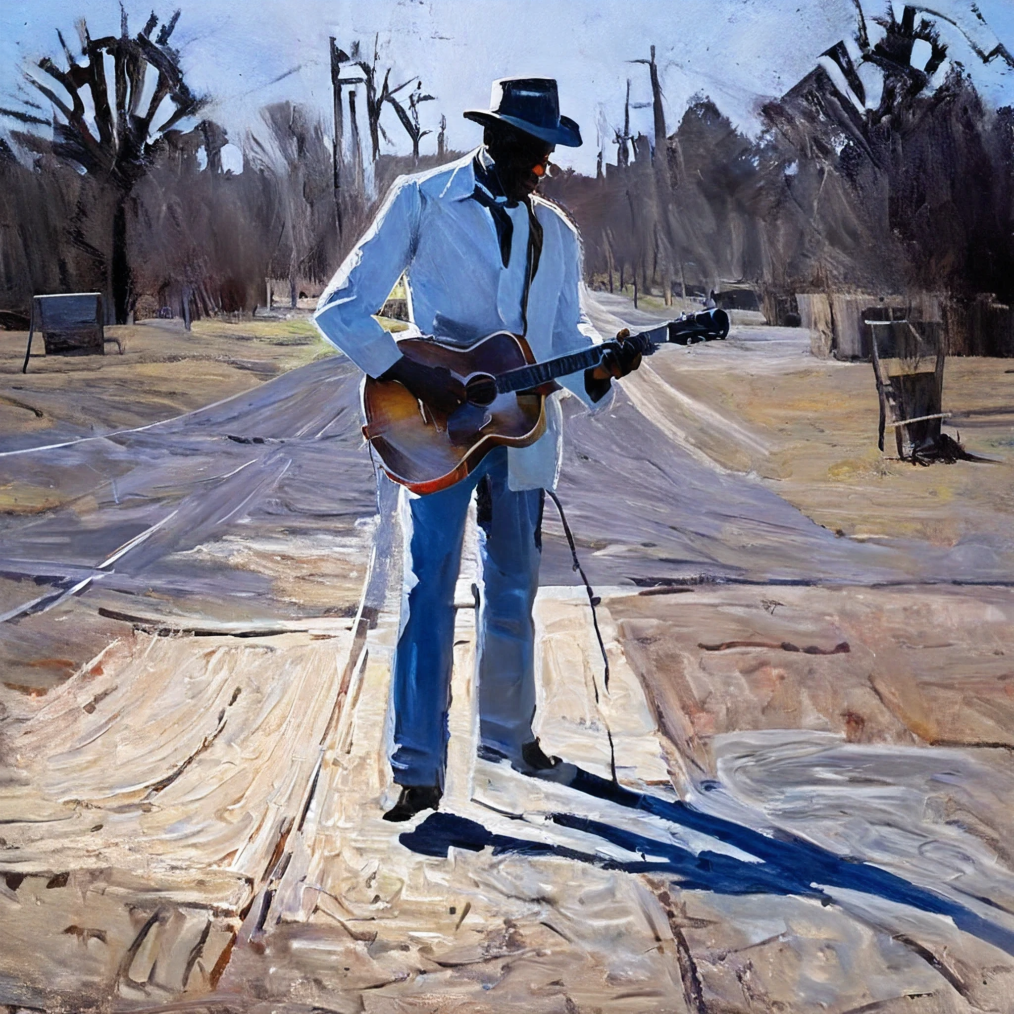 Guitarist, Robert Johnson, cross road, strong contrast of sunlight, clarksdale, mississippi, rough brush, bichu, oil painting