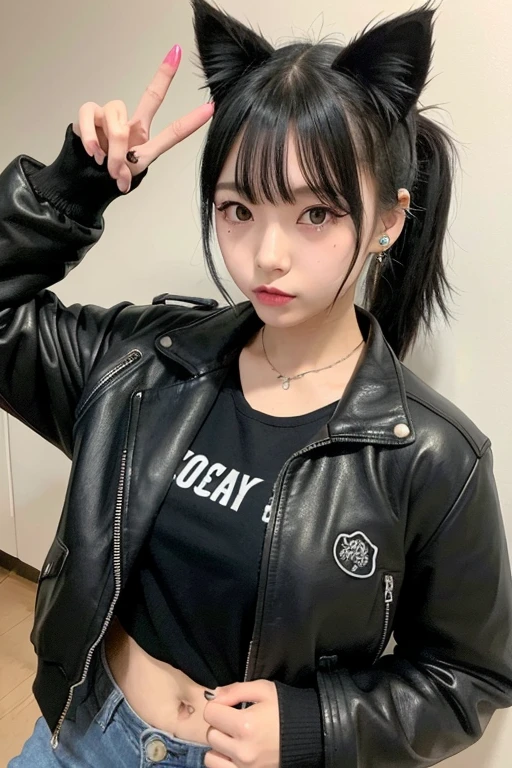 One Girl, Cute Japan high school student, Adorable high school student, Innocent look, Low Ponytail, ((Cat ear)), Heavy Metal Full, Leather jacket, Put your hair up, Black eyeshadow, Black lipstick, Earrings, Punk Hair, Raise the middle finger,