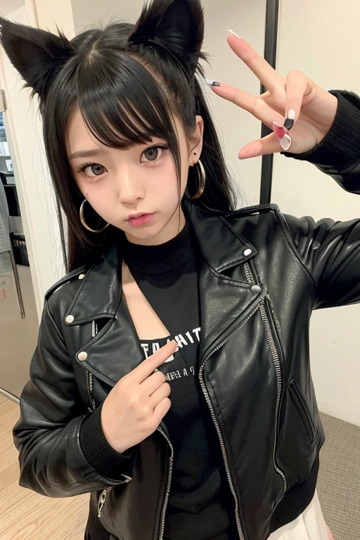 One Girl, Cute Japan high school student, Adorable high school student, Innocent look, Low Ponytail, ((Cat ear)), Heavy Metal Full, Leather jacket, Put your hair up, Black eyeshadow, Black lipstick, Earrings, Punk Hair, Raise the middle finger,