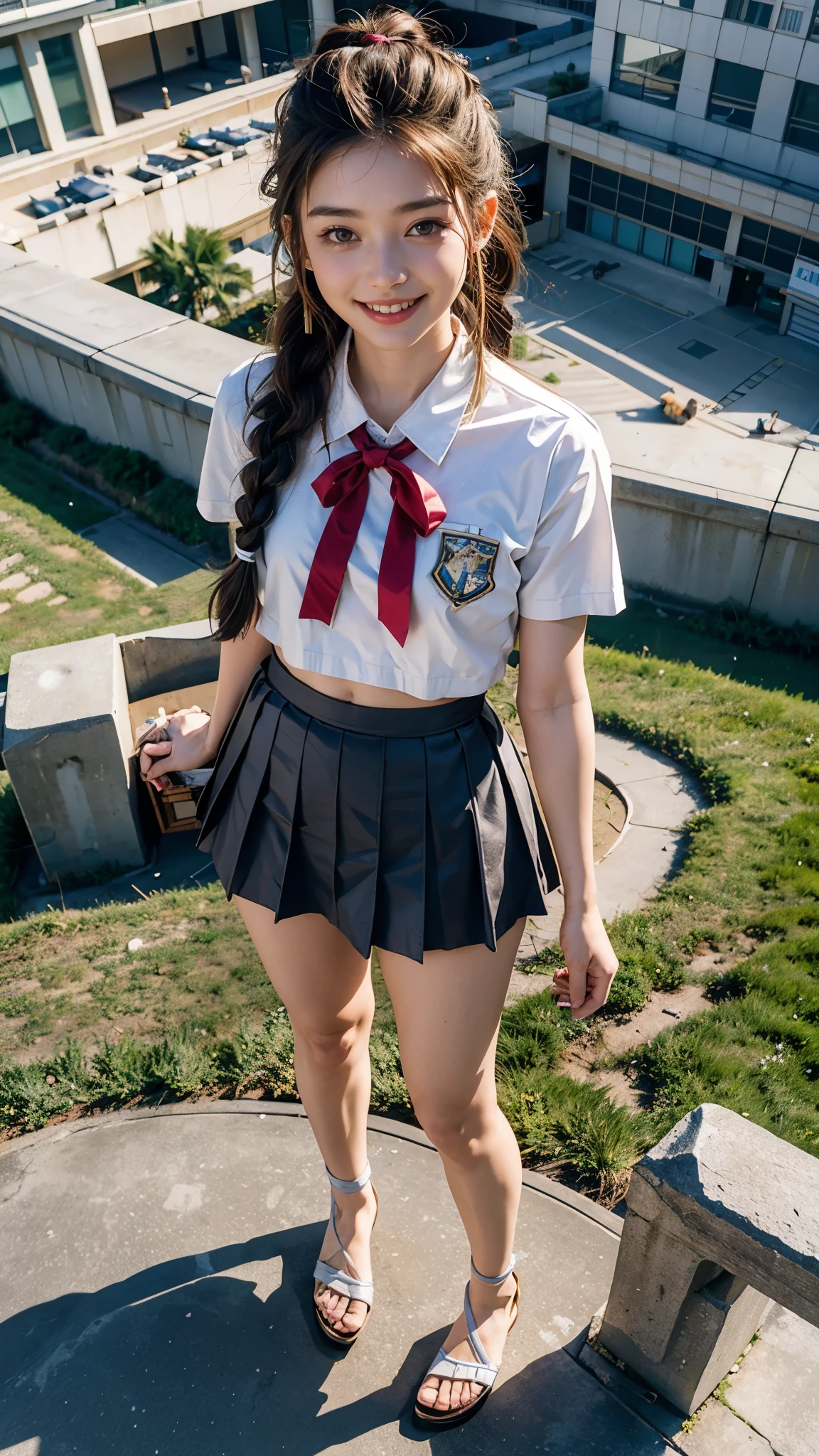 highest quality, masterpiece, Ultra-high resolution,8k, (Realistic:1.6), (Facing portraits) RAW Photos, 1 girl,(I'm showing my teeth and smiling)), 22 years old,((Beautiful feet)),((Miniskirt Uniform)),((Thin colored ribbon braided hair)),((From above:1.4)),Face Focus:1.4,((On a helipad on the roof of a windy building)), Image Media Chest)),((Smiling with teeth showing)),