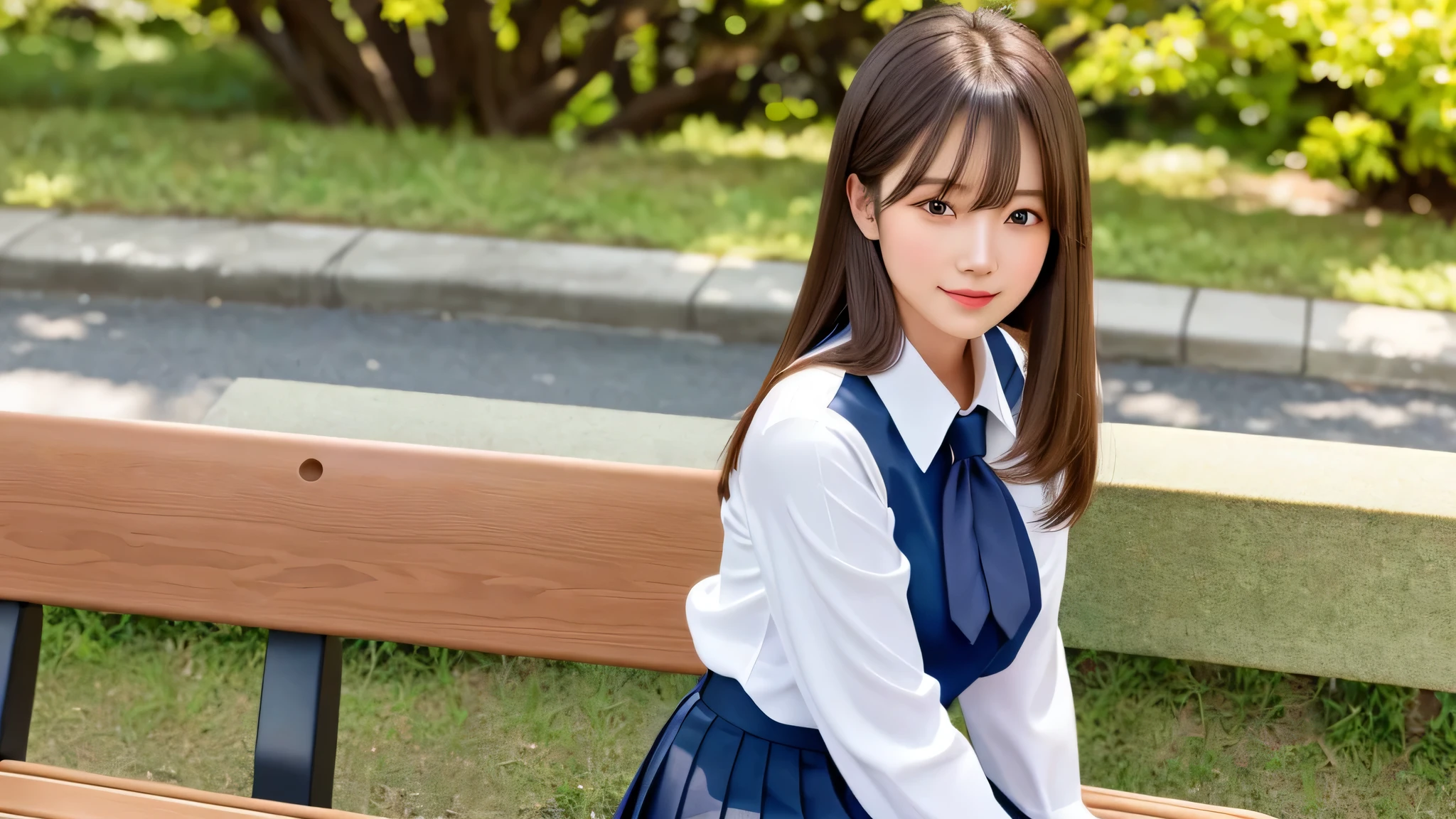 Product quality, One girl, Upper Body Shot, Front view, Young and beautiful woman in Japan, Long Bob Hair, Attractive appearance, Wear a long-sleeved white collared silk satin shirt and a plain dark blue satin tie, Wearing a dark blue pleated long skirt, sitting on a bench in the school yard with a big smile on her face, She has a sandwich in her hand, Super cute face, Glossy lips, Double eyelids on both eyes, Natural Makeup, Long eyelashes, shiny smooth light brown Long Bob Hair, Asymmetrical bangs, Sunburned skin, Center image, High resolution, High detail, Detailed hairstyle, Detailed face, Spectacular movie lighting, Octane Rendering, Vibrant, Ultra-realistic, Perfect limbs, Perfect Anatomy ,1 girl,