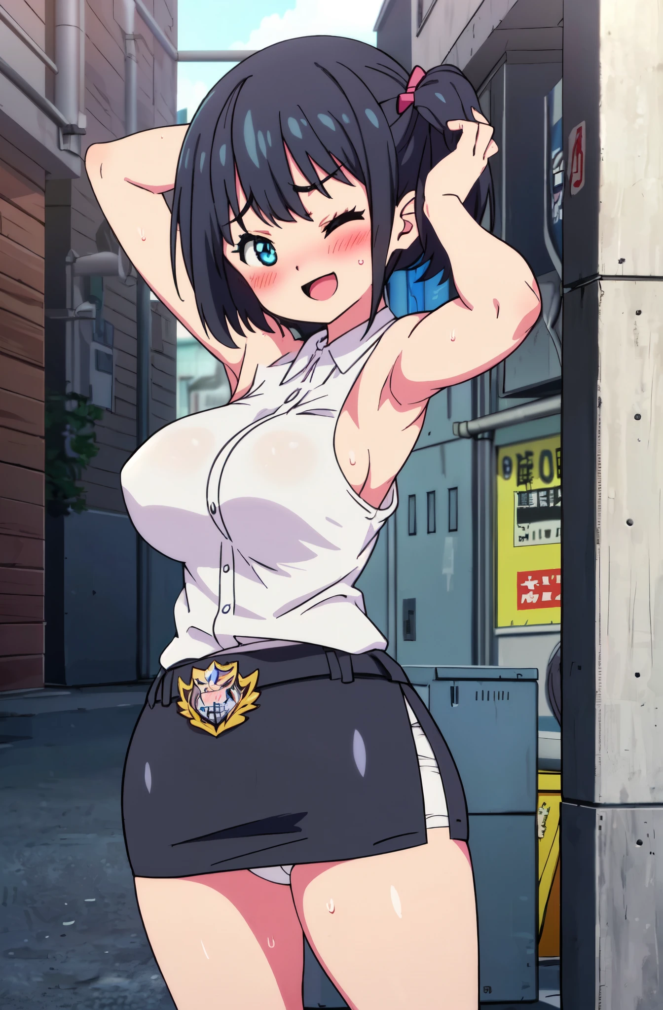 ((Table t○p, highest quality, Hi-Res Lucifer,Anime Screen Capture、Pixel perfect, 8k, Browsing Caution)))、Perfect Anatomy、One eye closed、(((Huge breasts、Thick waist、Wide ass、Place your hands behind your head、Armpits、Flip-up skirt)))、(Short Hair、Pigtails)、(((Female police officer、Light blue dress shirt、Pencil Skirt、White Panties)))、Sweat, vapor、((Black Hair)), ((((blush、:d、Embarrassing))))、(Dark Back Alley)、