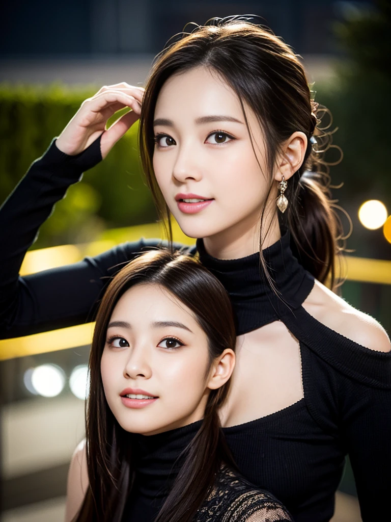 a pair of gorgeous identical twin sisters, age 18, in a light-color and a dark-color contemporary asymmetric off-the-shoulder knit dress, high neckline, turtleneck, posing naturally under night sky, dimpled smile, short ponytail, cute Snaggleteeth, well-endowed round bosom, photorealistic, beautiful detailed eyes, hyper-realism, high contrast, ultra HD, realistic skin textures, top image quality, top-quality, super high resolution, fine details, very meticulously, bokeh background, close-up shot head to waist