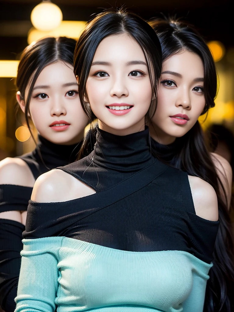 a pair of gorgeous identical twin sisters, age 18, in a light-color and a dark-color contemporary asymmetric off-the-shoulder knit dress, high neckline, turtleneck, posing naturally under night sky, dimpled smile, short ponytail, cute Snaggleteeth, well-endowed round bosom, photorealistic, beautiful detailed eyes, hyper-realism, high contrast, ultra HD, realistic skin textures, top image quality, top-quality, super high resolution, fine details, very meticulously, bokeh background, close-up shot head to waist