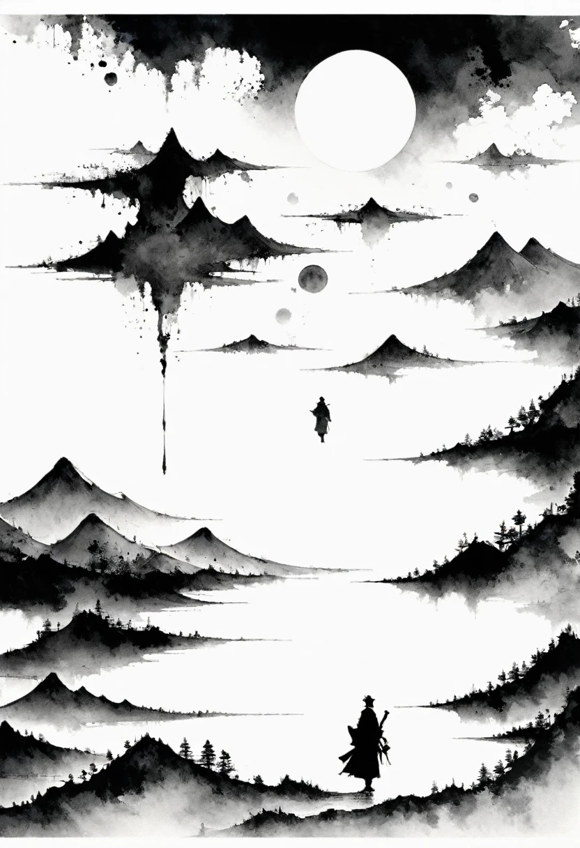(Lots of white space:1.5),(Lots of white space around:1.6), White background, simple, Minimalism, abstract,Freehand,Aesthetic,black and white,Ink Painting,antiquity,Mountain,People in the distance