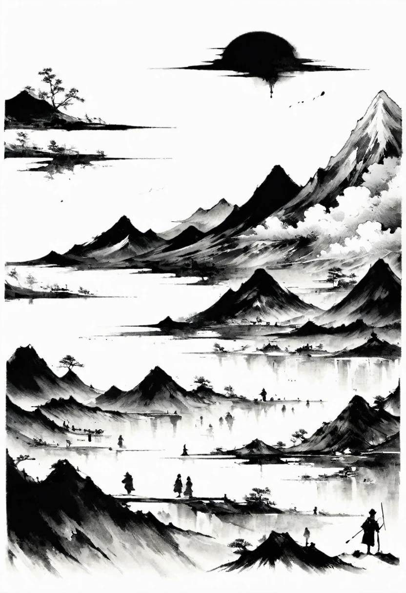 (Lots of white space:1.5)，(Lots of white space around:1.6), White background, simple, Minimalism, abstract,Freehand，Aesthetic，black and white，Ink Painting，antiquity，Mountain，People in the distance