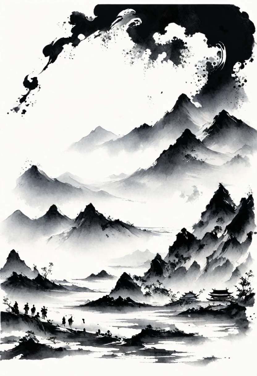 (Lots of white space:1.5),(Lots of white space around:1.6), White background, simple, Minimalism, abstract,Freehand,Aesthetic,black and white,Ink Painting,antiquity,Mountain,People in the distance